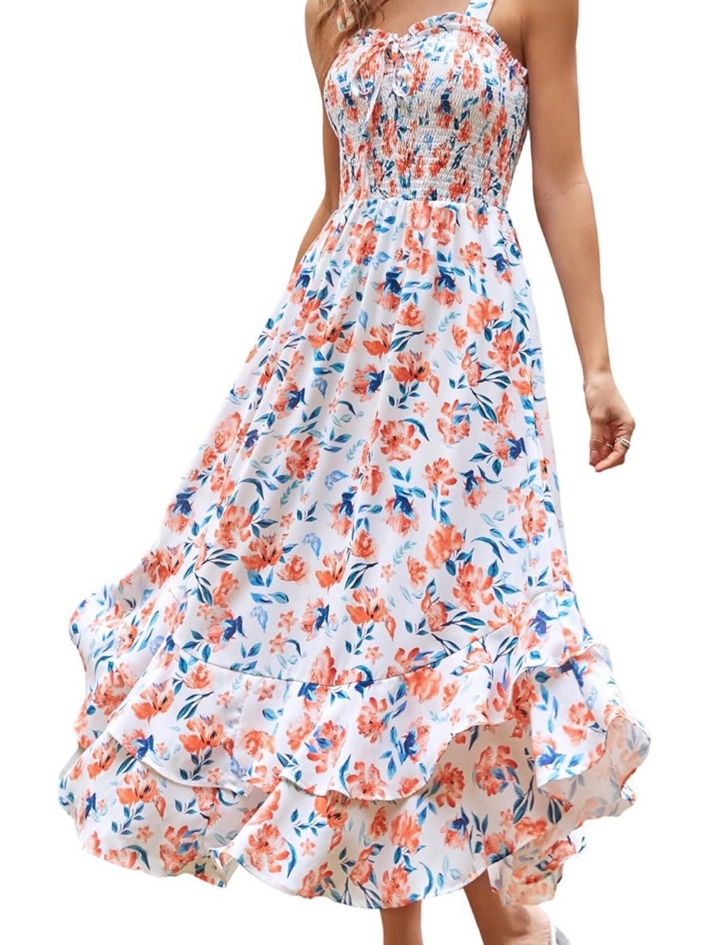 Grace Karin White Maxi Dress with Coral & Blue Floral Print